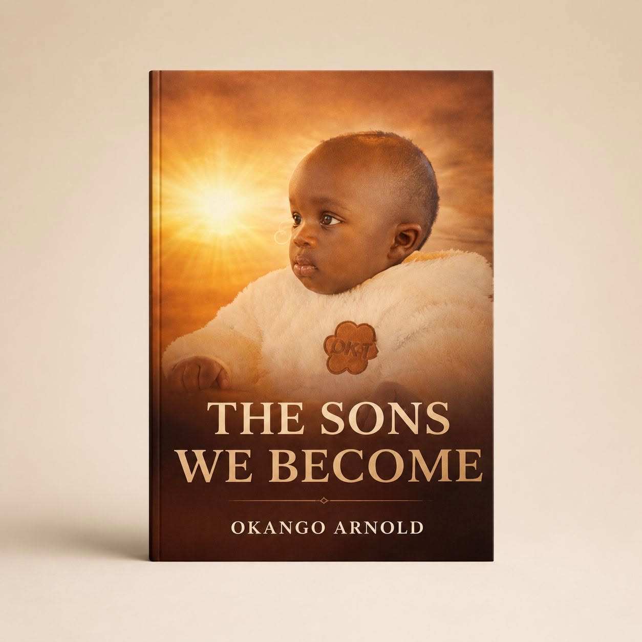 Cover of The Sons We Become by Okango Arnold — a young boy wrapped in a cream blanket against a warm sunrise sky