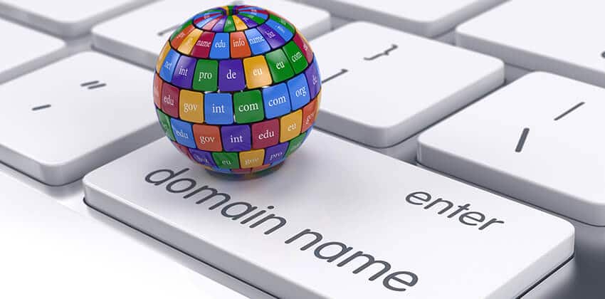 Domain name key with colourful domain extension globe