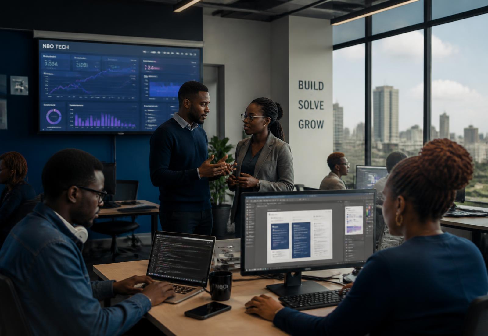 Wayvarn Digital Solutions team of African professionals collaborating in a modern Nairobi technology office