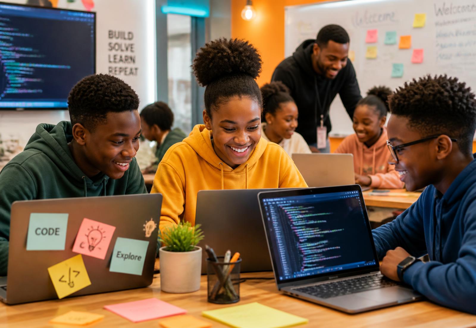 African children aged 8 to 16 learning to code on laptops together in a bright classroom